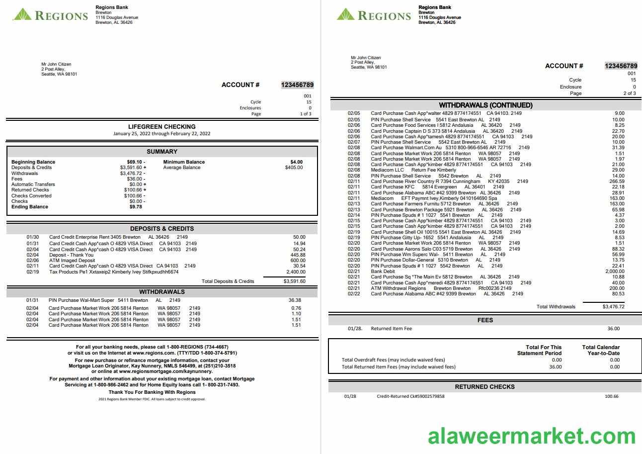USA Regions Bank statement, Word and PDF template, 4 pages